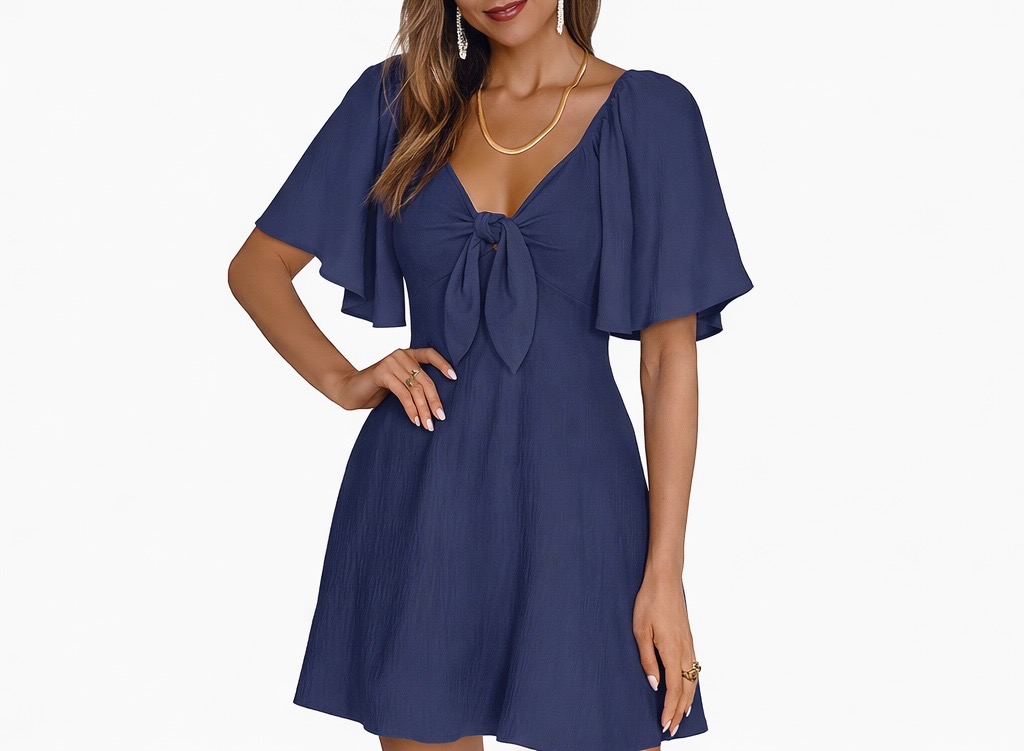 Dokotoo Women's V-Neck Bell Sleeve Bow Tie Mini Dress 2